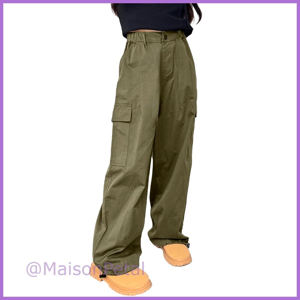 Girls Cargo Pants Wide Leg Streetwear Jogger Trousers with Pockets